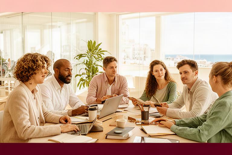 Equipo de consultores reunido en una oficina luminosa de Cádiz junto a una mesa de trabajo