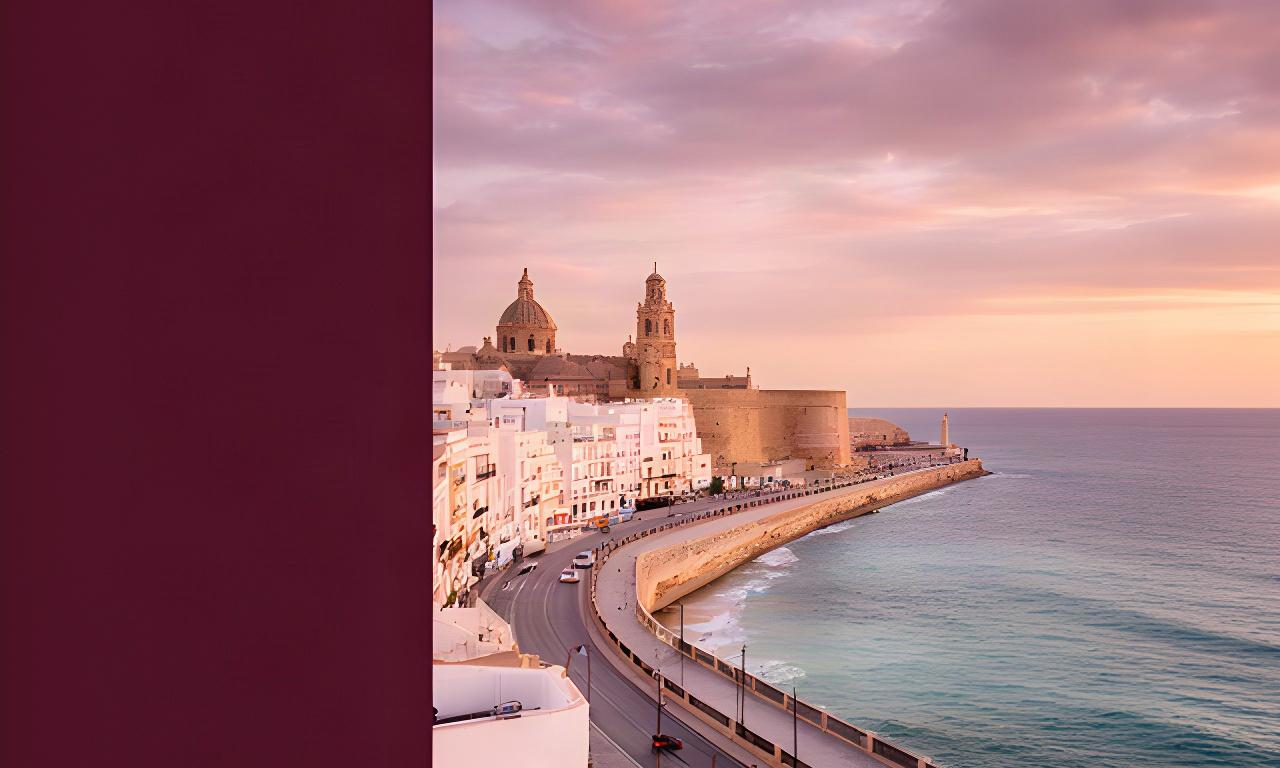 Panorámica de Cádiz al atardecer con el paseo marítimo, la catedral y el océano al fondo