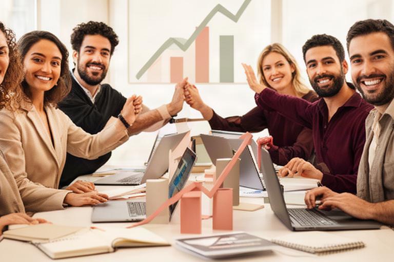 Equipo empresarial de Cádiz celebrando un logro junto a una mesa de trabajo con gráficos de crecimiento