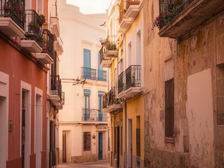 Detalle de una calle del casco antiguo de Cádiz con fachadas cálidas y balcones tradicionales